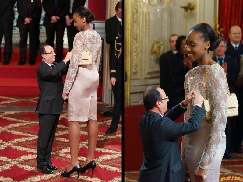 Hollande consegna una medaglia alla giocatrice di basket Sandrine Gruda
